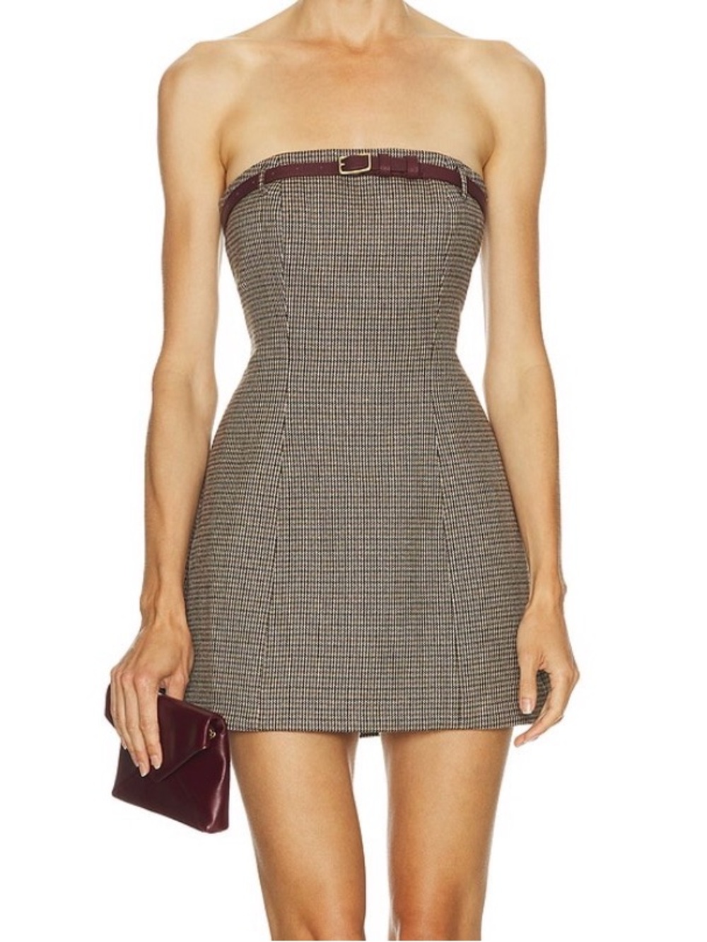 FWRD MIMCHIK Strapless Houndstooth Mini Dress with Leather Belt